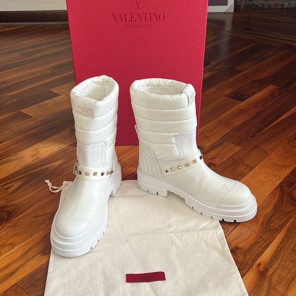 VALENTINO GARAVANI Rockstud Leather Biker Snow Winter Boots White Size 40, NEW - Picture 7 of 17